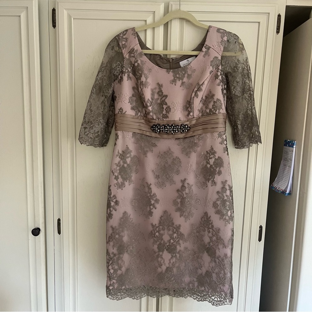 Sonia Pena Woman’s Dress Pink with Gray Lace 3/4 Sleeves Size 10